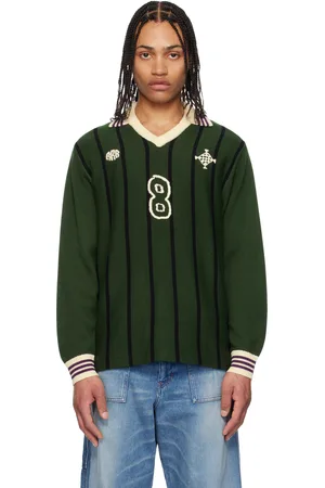 rice nine ten Green Knitting Long Sleeve Soccer Jersey Polo