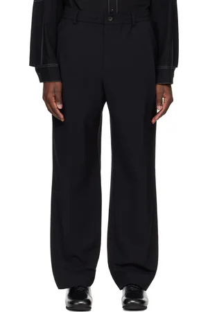Solid Black Wool Pleated Trousers