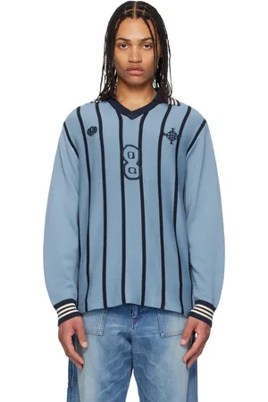 rice nine ten Blue Knitting Long Sleeve Soccer Jersey Polo