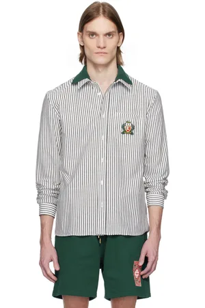 Lacoste White & Navy Regular Fit Striped Cotton Shirt