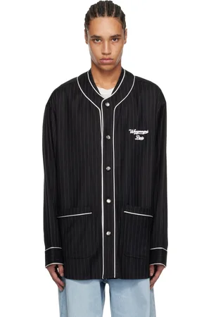 WOOYOUNGMI Black Wool Stripe Baseball Shirt
