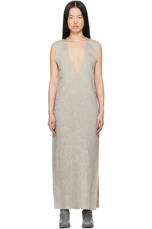 GABRIELA COLL GARMENTS Gray No.61 Linen V-Neck Midi Dress