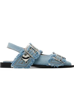 Ganni Blue Denim Charms Feminine Buckle Flats