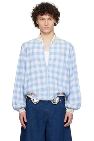 Anna Sui Blue Gingham Terry Baseball Bomber Jacket