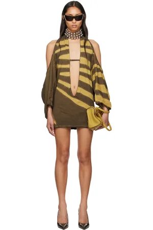 Masha Popova Brown & Yellow Deep Cut Cowl Minidress