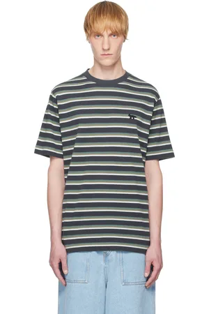 Maison Kitsuné Navy & Green Profile Fox Patch Striped Comfort T-shirt
