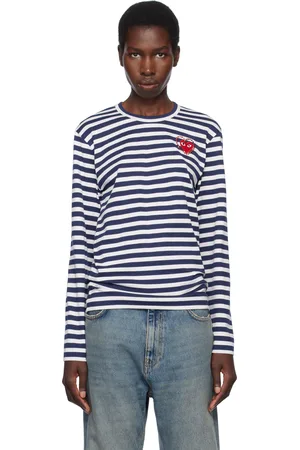 Comme des Garçons Navy & White Stripe Metal Stone Emblem Red Heart T-shirt