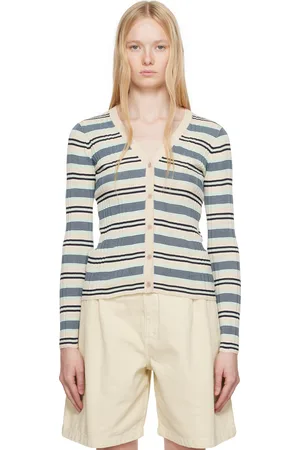 Maison Kitsuné Beige & Blue Fine Rib Striped Cardigan