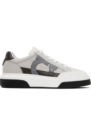 Salvatore Ferragamo Gray & Off-White Low Cut Gancini Outline Sneakers