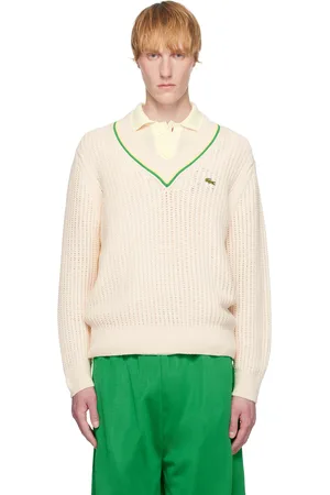 Lacoste Off-White V-Neck Striped Tennis Sweater